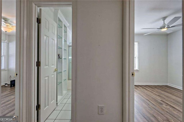 hall featuring a healthy amount of sunlight, light wood-style flooring, and baseboards