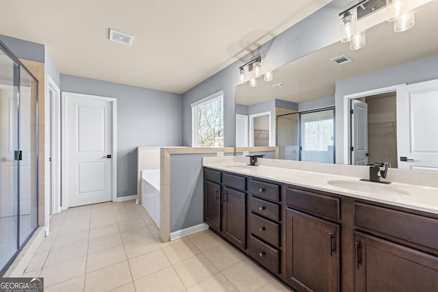 full bath with visible vents, a sink, a shower stall, and double vanity