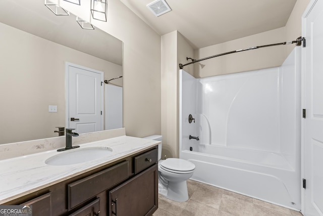 full bath with toilet, bathing tub / shower combination, visible vents, and vanity