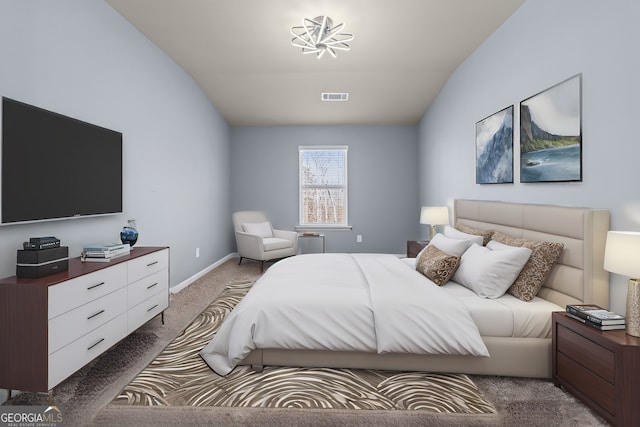 bedroom featuring lofted ceiling, carpet, visible vents, and baseboards