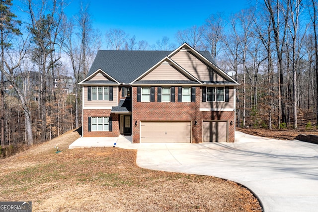 view of front of property with an attached garage, roof with shingles, concrete driveway, and brick siding