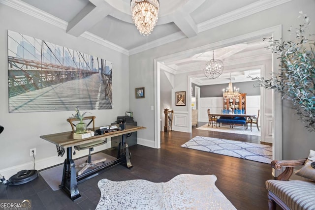 home office with coffered ceiling, dark wood-style floors, beamed ceiling, an inviting chandelier, and crown molding