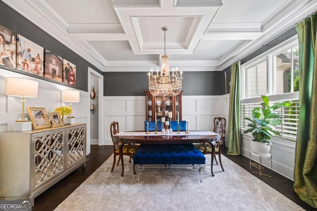 dining area with ornamental molding, dark wood-type flooring, coffered ceiling, and a notable chandelier