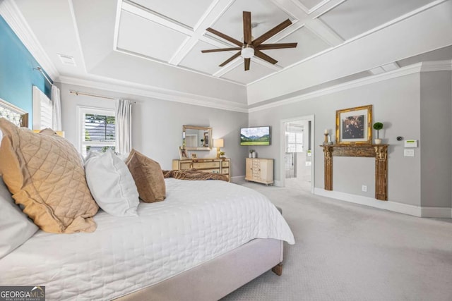 bedroom with light carpet, baseboards, coffered ceiling, a ceiling fan, and crown molding