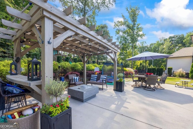 view of patio / terrace featuring a gazebo, outdoor dining area, a pergola, and an outdoor living space