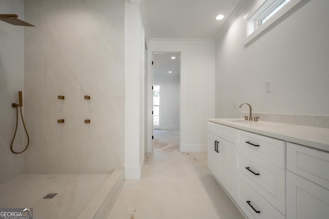 full bath with recessed lighting, ornamental molding, walk in shower, and vanity