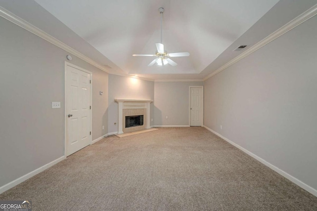 4570 Thicket Trl, Snellville, GA 30039 - unfurnished living room with a ceiling fan, carpet, a tile fireplace, and crown molding