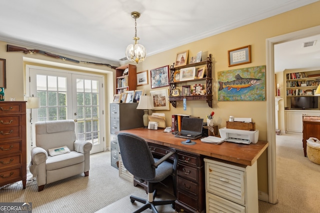 office space featuring french doors, crown molding, a notable chandelier, light colored carpet, and visible vents