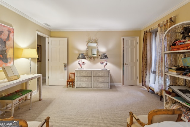 sitting room with ornamental molding, visible vents, light carpet, and baseboards