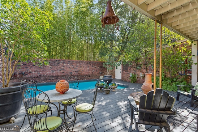 deck with a fenced backyard and a fenced in pool