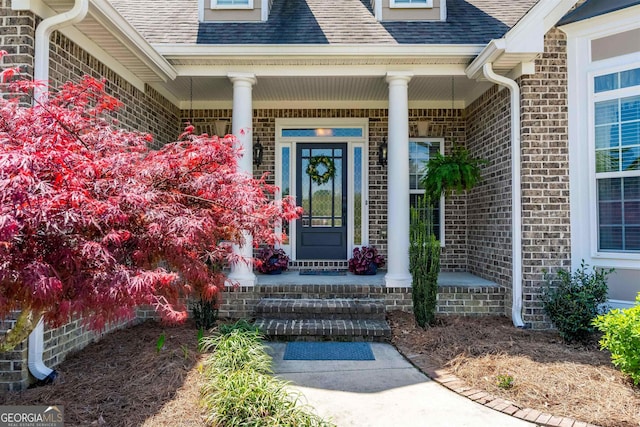 property entrance with covered porch, brick siding, and roof with shingles