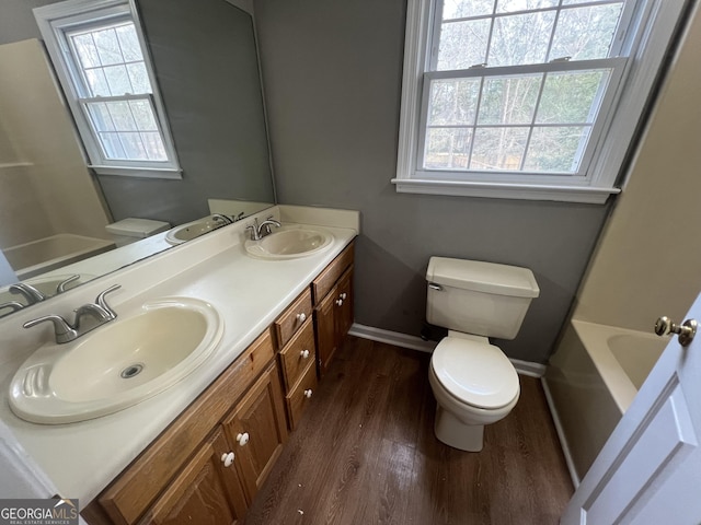 bathroom featuring double vanity, wood finished floors, a sink, and toilet