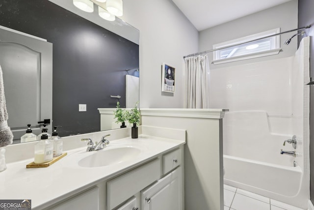 full bath with shower / bathtub combination with curtain, vanity, and tile patterned flooring