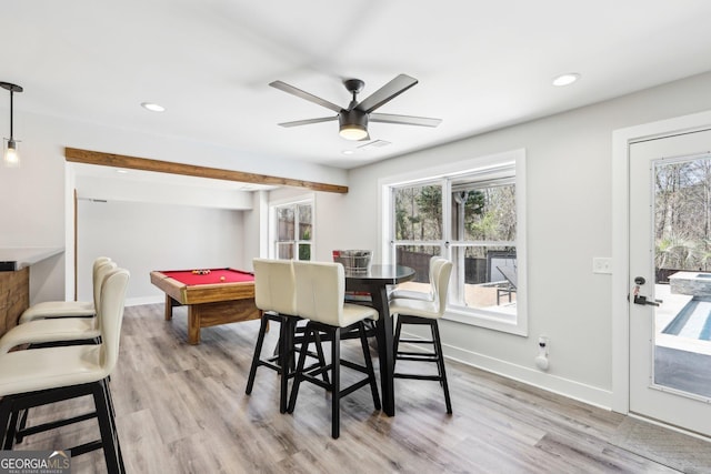 dining room with light wood-type flooring, baseboards, ceiling fan, and pool table