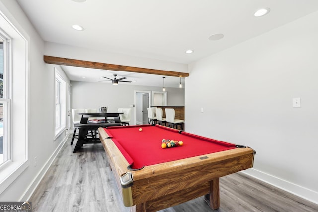 recreation room featuring pool table, light wood-style flooring, recessed lighting, and a ceiling fan