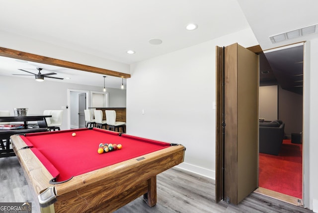 game room featuring visible vents, wood finished floors, recessed lighting, pool table, and ceiling fan