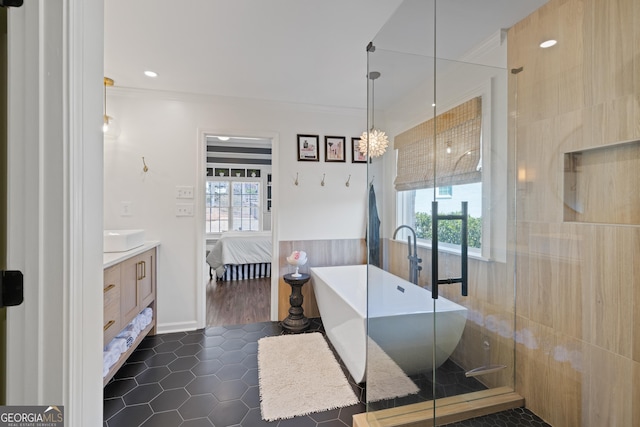 full bathroom featuring a freestanding tub, tile patterned flooring, connected bathroom, vanity, and crown molding