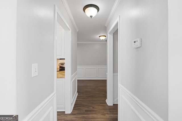 hallway featuring a wainscoted wall, ornamental molding, dark wood finished floors, and a decorative wall