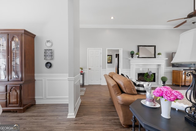 living room with a fireplace with flush hearth, crown molding, ceiling fan, and wood finished floors