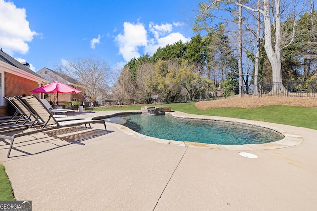 view of swimming pool featuring a yard, a fenced backyard, a fenced in pool, and a patio