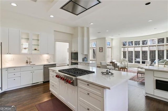 kitchen featuring open floor plan, stainless steel appliances, dark wood-type flooring, and white cabinetry