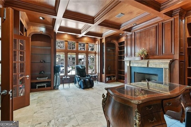 office with built in shelves, a premium fireplace, coffered ceiling, wood ceiling, and french doors