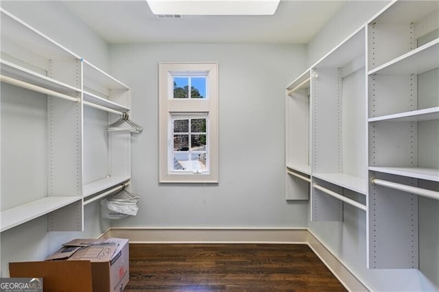 spacious closet with visible vents and dark wood finished floors