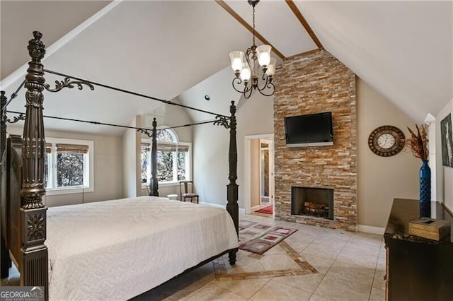 tiled bedroom featuring high vaulted ceiling, a stone fireplace, and baseboards