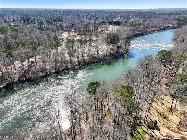 drone / aerial view featuring a water view and a view of trees