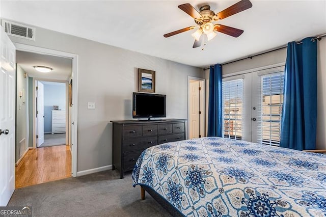 bedroom featuring baseboards, visible vents, access to outside, carpet flooring, and french doors