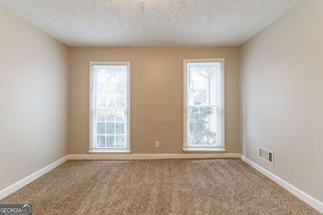 empty room with carpet, plenty of natural light, and visible vents