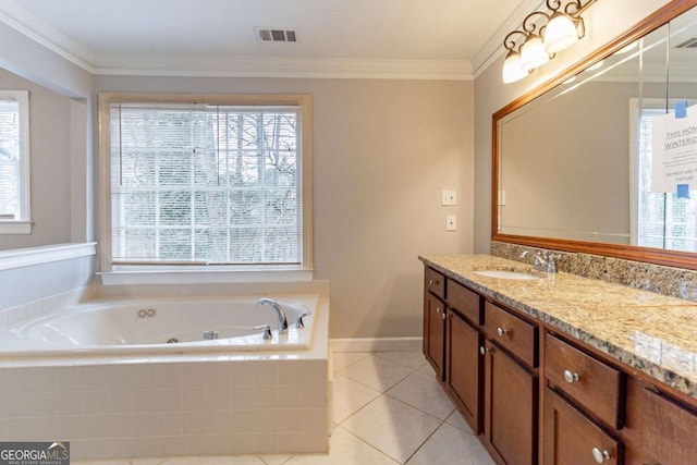 full bathroom with crown molding, visible vents, vanity, tile patterned flooring, and a tub with jets