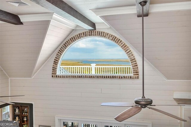 174 Bartram Way, Waverly, GA 31565 - detailed view of wooden walls, a ceiling fan, and a wood ceiling with exposed beams