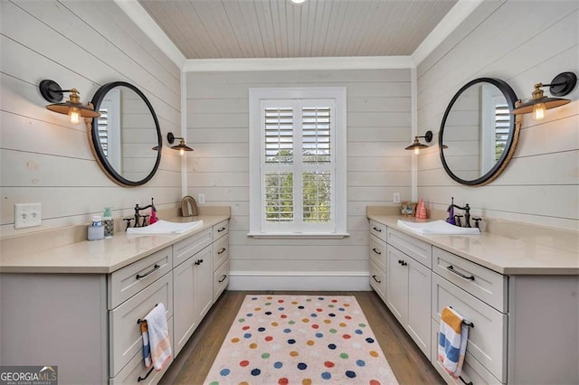 bathroom featuring two vanities, a sink, and wood finished floors