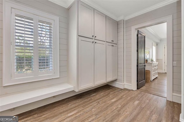 interior space featuring light wood finished floors and crown molding