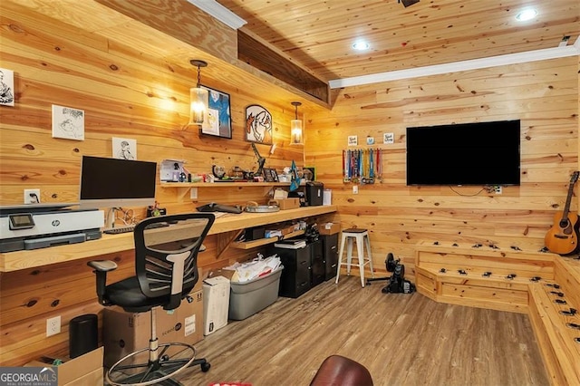 office area with wooden ceiling, wooden walls, and wood finished floors