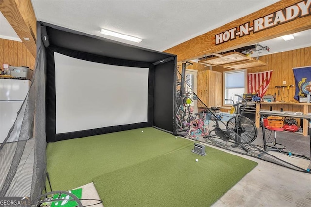 playroom featuring golf simulator and wooden walls