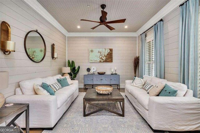 174 Bartram Way, Waverly, GA 31565 - living room with ornamental molding, ceiling fan, wood walls, and recessed lighting