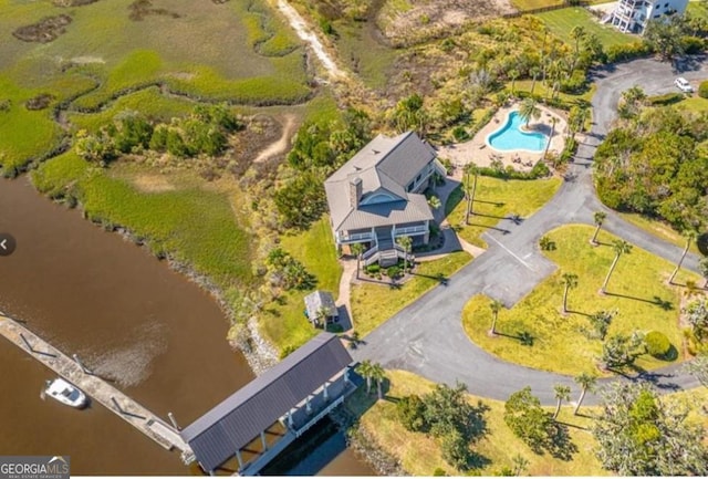 drone / aerial view with a water view