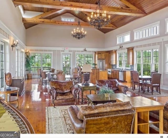 living room featuring high vaulted ceiling, wood finished floors, wood ceiling, and an inviting chandelier