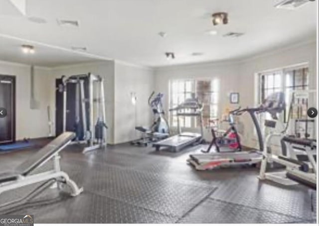 exercise room featuring visible vents and crown molding