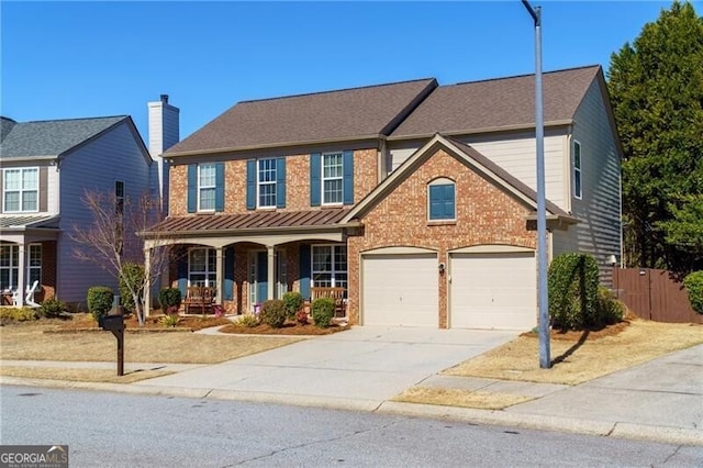 view of front of house with concrete driveway, an attached garage, fence, a porch, and brick siding