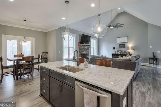 kitchen with light stone counters, a fireplace, a sink, stainless steel dishwasher, and light wood finished floors