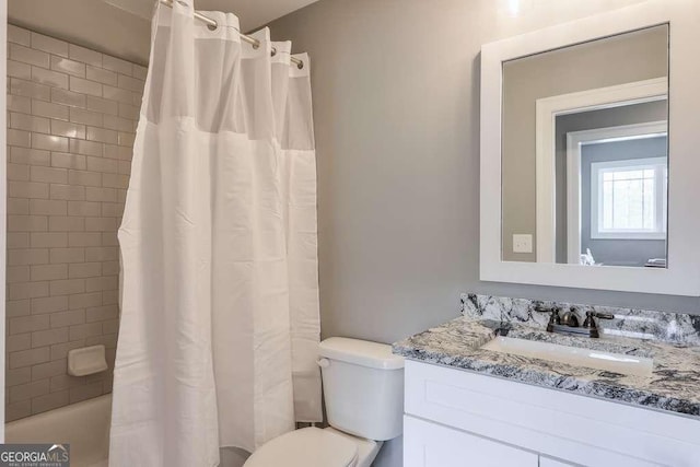 full bathroom with vanity, toilet, and shower / bathtub combination with curtain