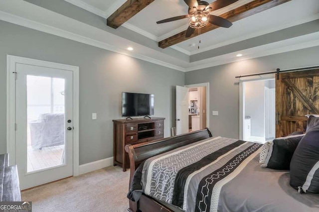 bedroom with light carpet, a barn door, baseboards, crown molding, and beam ceiling