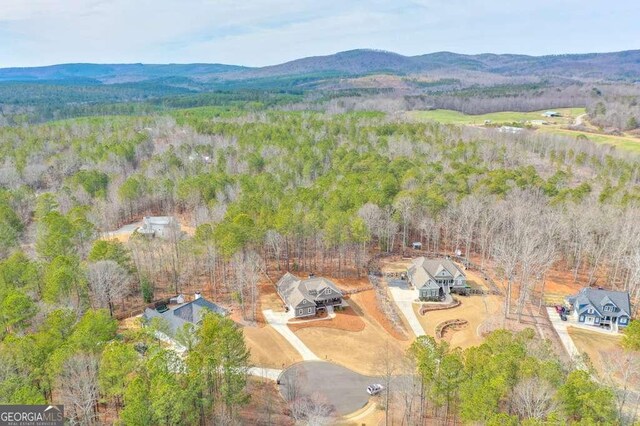 birds eye view of property with a mountain view and a view of trees