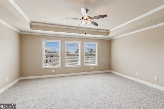 unfurnished room featuring light carpet, baseboards, and a raised ceiling