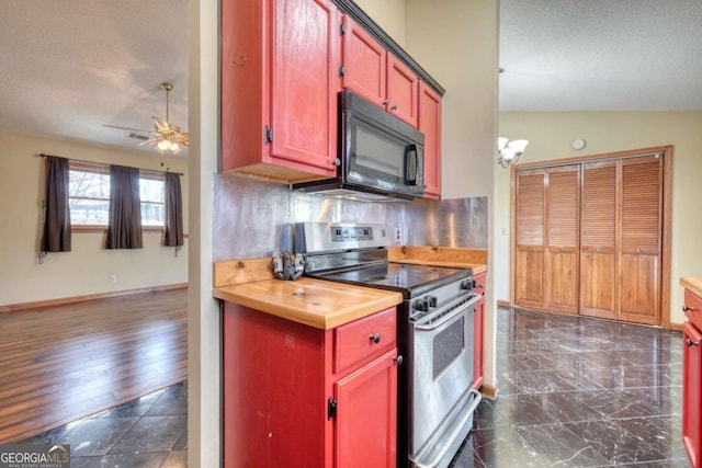 kitchen featuring black microwave, a textured ceiling, wooden counters, decorative backsplash, and stainless steel range with electric stovetop