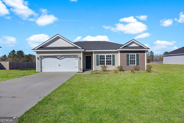 single story home featuring a front yard, concrete driveway, fence, and an attached garage