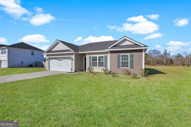 ranch-style house with driveway, an attached garage, and a front lawn